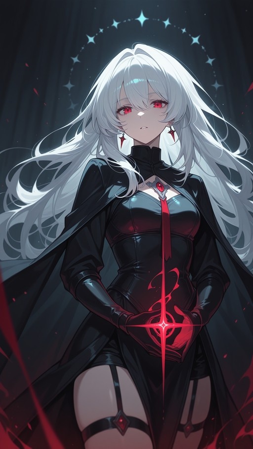An anime girl with white hair and red eyes wearing a black dress and cape, holding a glowing red symbol in her hands.