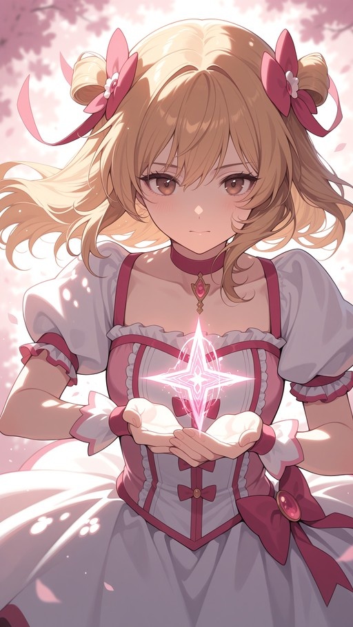 An anime-style illustration of Kaname Madoka in a pink and white magical girl dress holding a glowing star-shaped gem between her hands.