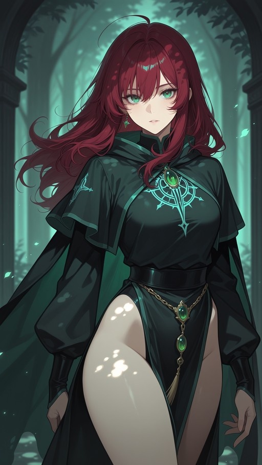 Anime illustration of a red-haired girl in a dark fantasy outfit standing in a forest with teal lighting.