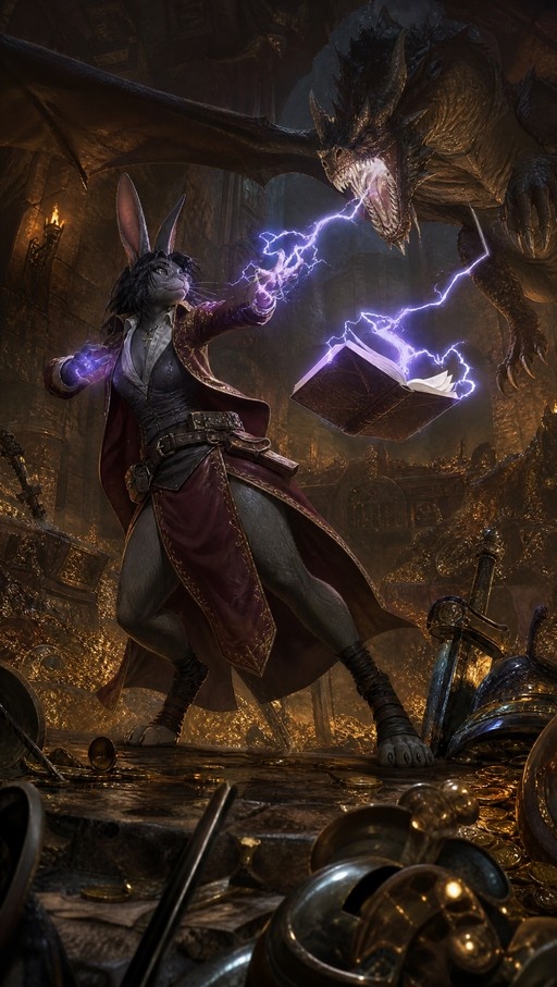 Grey anthropomorphic rabbit mage with long ears casts purple lightning from her hand toward a large black dragon in a dungeon filled with gold and armor.