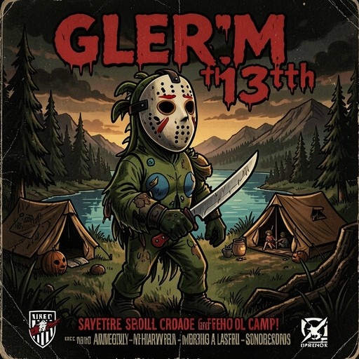 A digital illustration of Glerm from Fall Guys dressed as a slasher movie killer with a hockey mask and knife at a campsite.