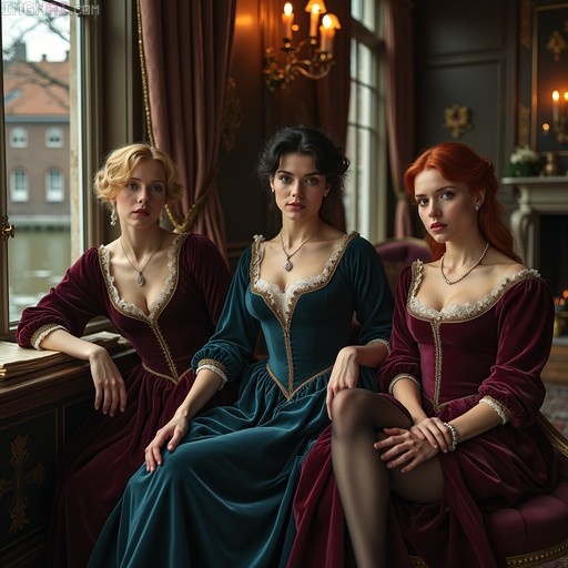 Three women in Dutch Golden Age velvet dresses sitting in a candlelit room with a canal view