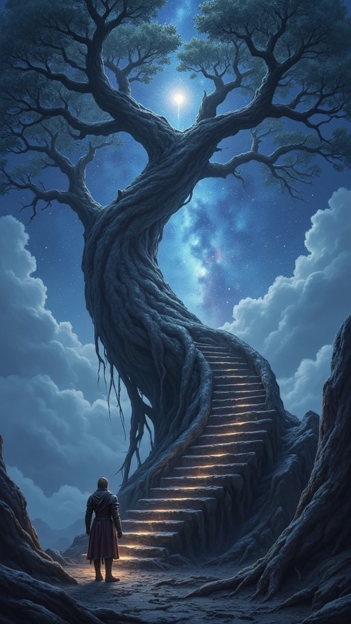 A lone figure in armor stands at the base of a massive ancient tree, gazing up at a spiral staircase winding through its trunk toward a bright moon and starry sky.