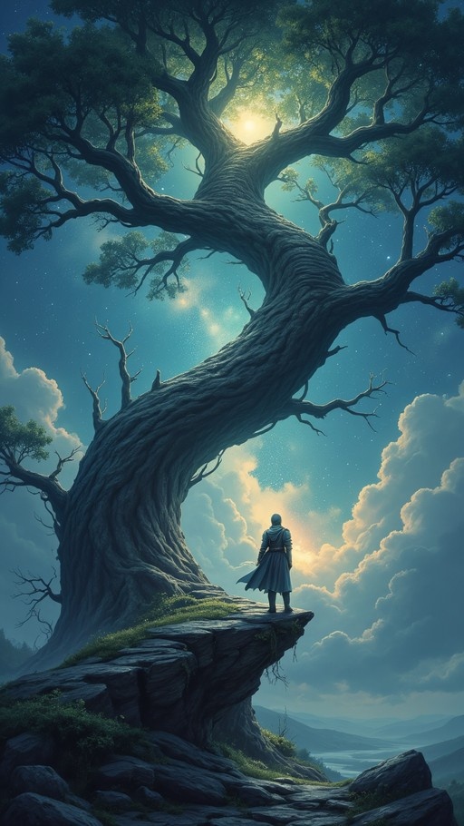 A lone figure stands on a rocky cliff edge looking up at a massive ancient tree with sprawling branches against a starry sky with sunlight filtering through the leaves.