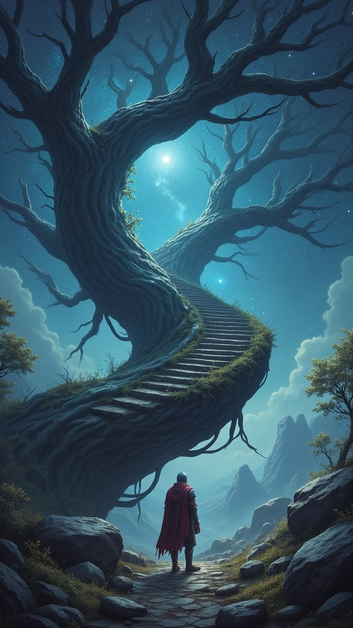 A lone knight in armor and a red cape stands on a stone path looking up at a massive twisted tree with a spiral staircase winding through its branches under a starry night sky.