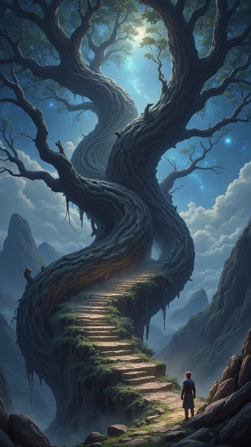 A solitary figure stands at the base of a colossal, twisted tree with stone steps winding up its trunk towards a starry sky and misty mountains.