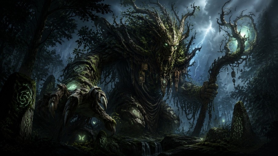 A massive fantasy treant with glowing green eyes and moss-covered bark holds a gnarled wooden staff in a dark, stormy forest illuminated by lightning.