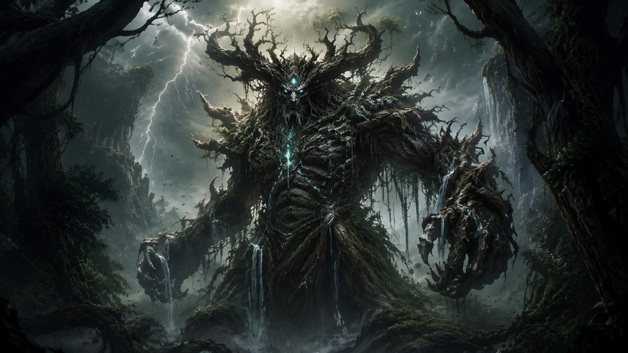 A giant tree monster with horns and glowing eyes stands in a stormy forest with waterfalls.