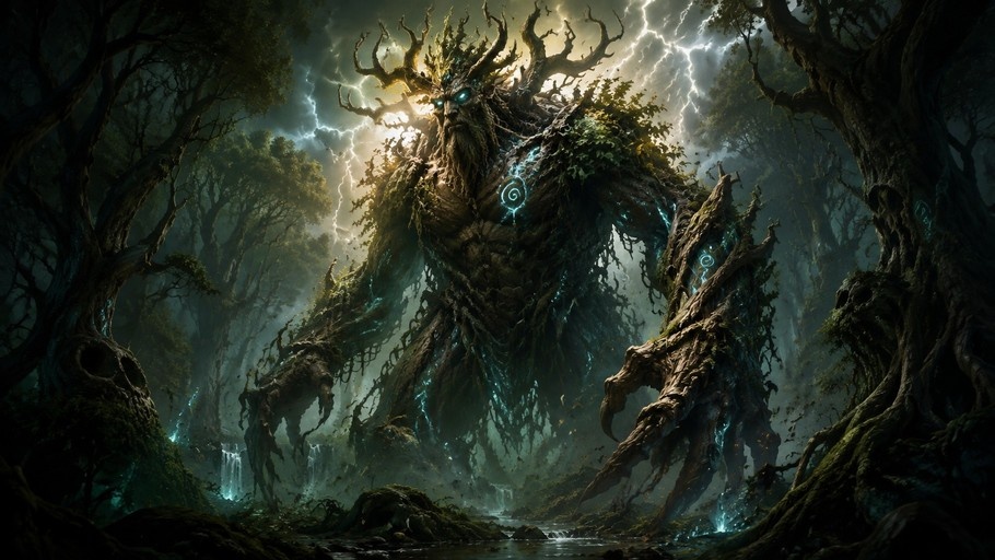 A giant tree monster with antlers and glowing blue eyes stands in a dark forest under a stormy sky with lightning.