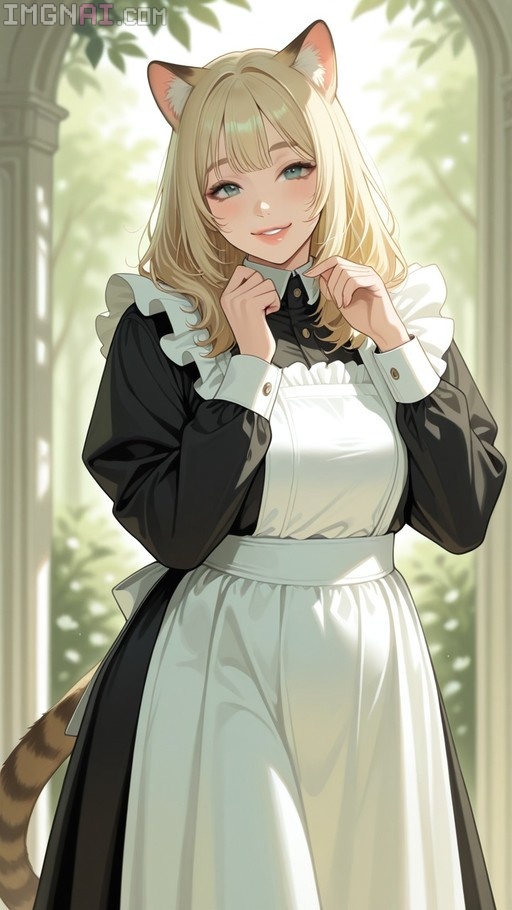 Blonde anime-style cat girl maid in a black dress and white apron smiling at the viewer.