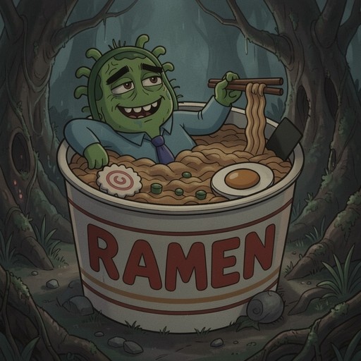 A green-skinned creature with a shell on its head wearing a business shirt and tie sits inside a large cup of ramen noodles in a forest setting.
