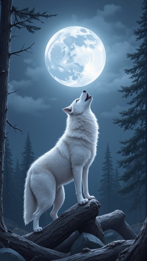 White wolf howling at a large full moon while standing on a log in a dark pine forest.