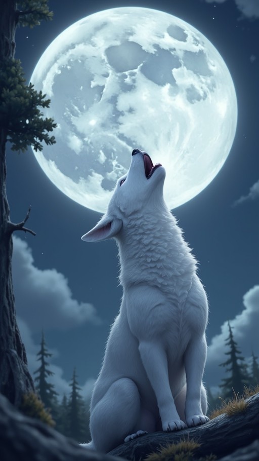White wolf sitting on a rock and howling at a large full moon in the night sky.