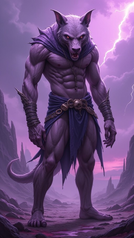 A muscular grey werewolf with red eyes stands barefoot in a rocky landscape wearing a blue loincloth and skull belt while lightning strikes behind him.