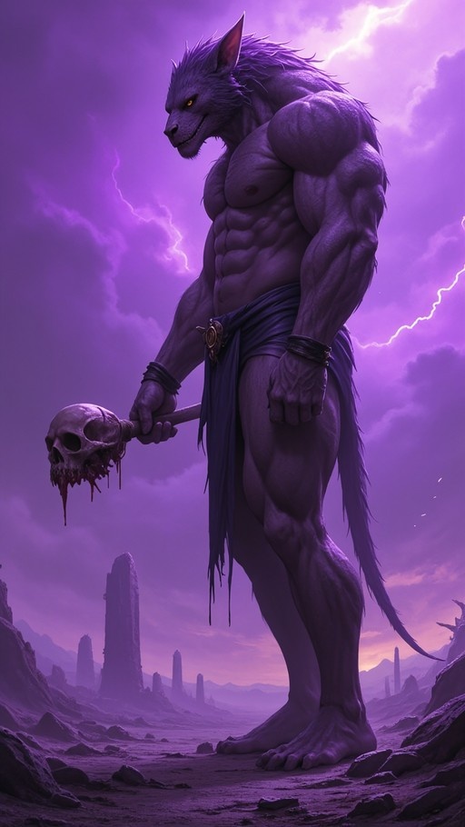 Muscular purple werewolf holding a bloody skull staff against a purple stormy sky with lightning and ruins