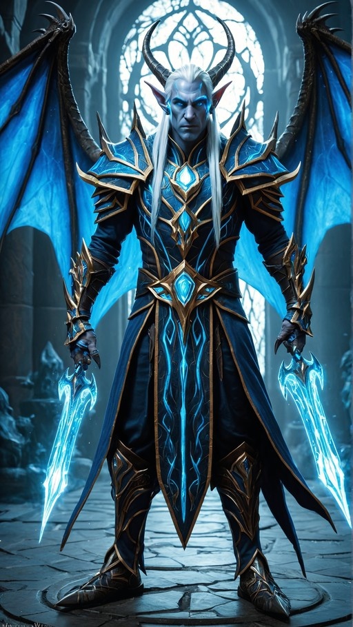 Full-body portrait of Illidan Stormrage holding dual glowing blue blades, featuring his signature blue skin, white hair, horns, and large wings against a stone background.