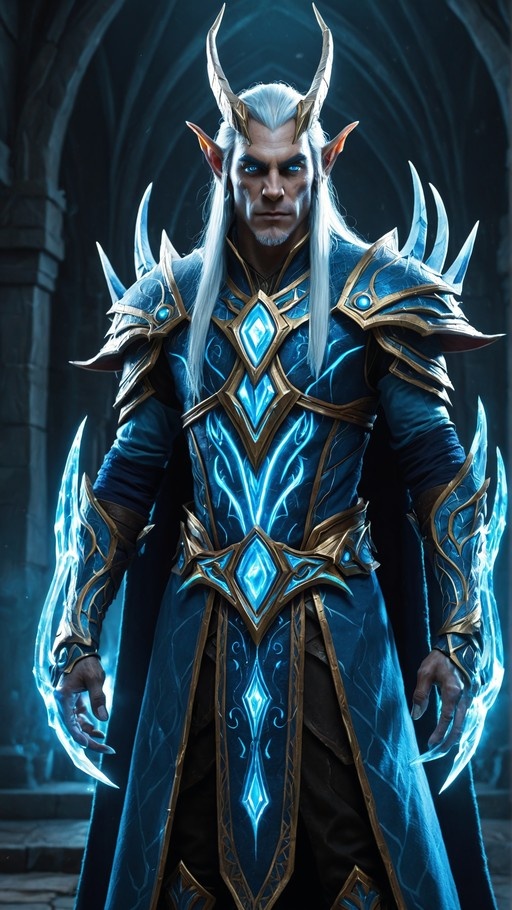 A tall male figure with long white hair and large curved horns stands in a stone archway wearing intricate blue and gold armor that glows with magical energy.