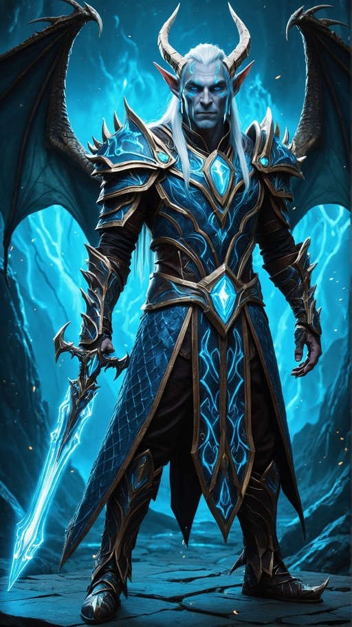 A full-body portrait of a horned, blue-skinned fantasy warrior with white hair and large wings, wearing glowing armor and holding a magic sword.
