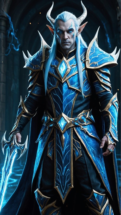 A horned male warrior with long white hair wearing blue and gold armor holding a glowing sword in a dark setting.