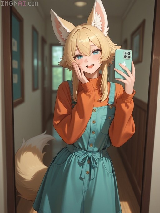 A blonde anime girl with fox ears and a tail takes a mirror selfie wearing an orange sweater and teal dress.