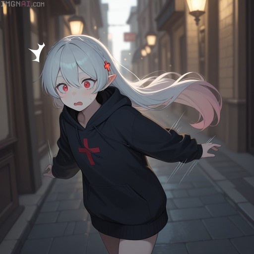 Warfarin from Arknights with white and pink hair wearing a black hoodie with a red cross, looking surprised on a city street.