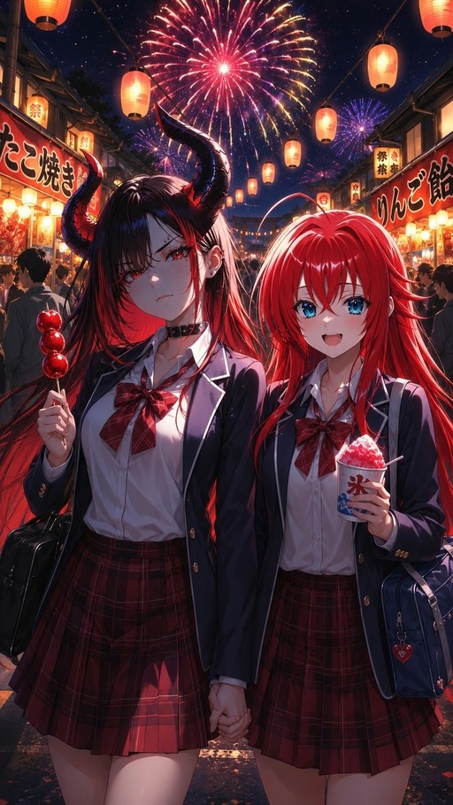 Two anime girls in school uniforms holding hands at a night festival with fireworks; one has red hair and holds shaved ice, the other has dark hair with horns and holds candy apples.