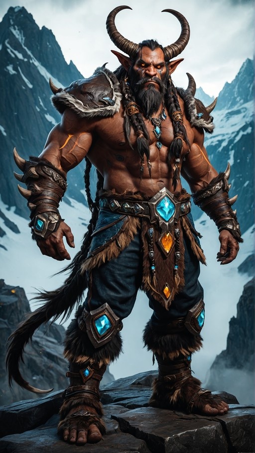 A full-body digital illustration of a muscular, dark-skinned fantasy warrior with large curved horns and braided hair standing on a rocky ledge in front of snow-capped mountains. He wears fur armor with blue gems and has a tail.