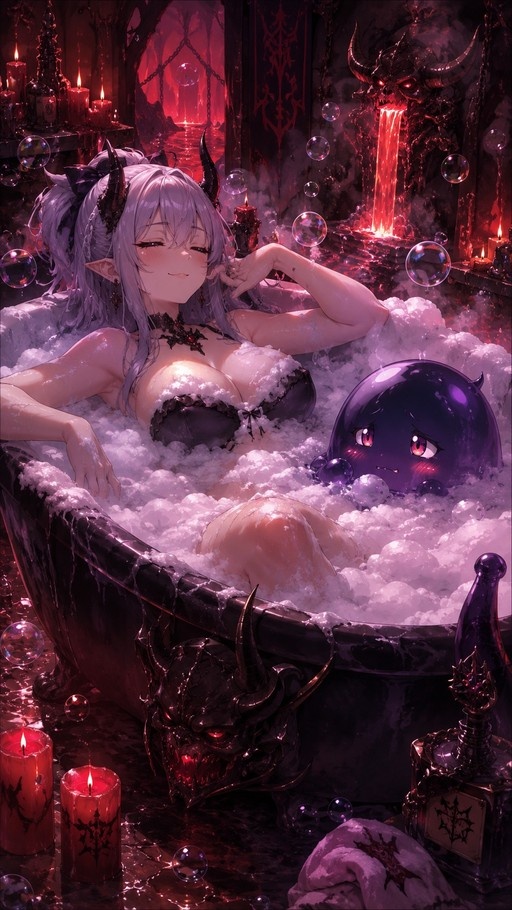 Anime-style illustration of a grey-haired demon girl with black horns relaxing in a bubble bath next to a small purple slime creature.