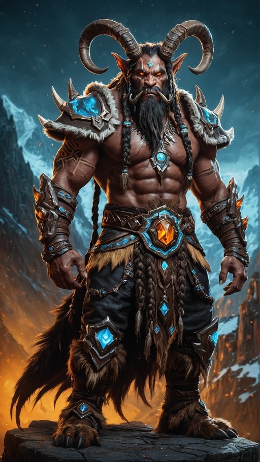 A muscular dark-skinned orc warrior with large curved horns and a long braided beard stands on a rocky outcrop wearing heavy armor adorned with glowing blue gems and fur trim, set against snowy mountains.