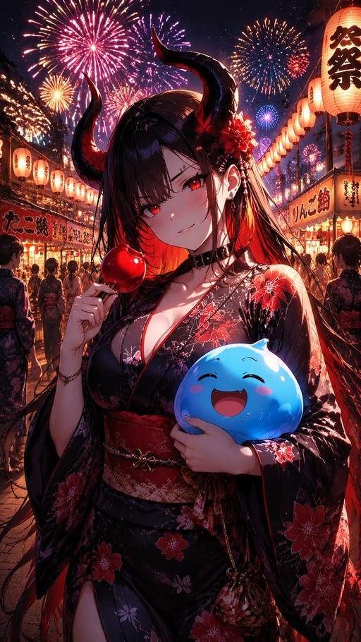 An anime-style illustration of a demon girl with large horns and red eyes wearing a black kimono, holding a red candy apple and a blue slime at a night festival with fireworks.