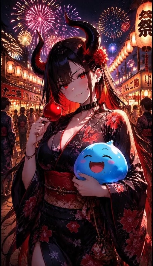 Nerissa Ravencroft in a black floral kimono with red eyes and asymmetrical horns holds a candy apple while smiling at the camera during a night festival with fireworks.