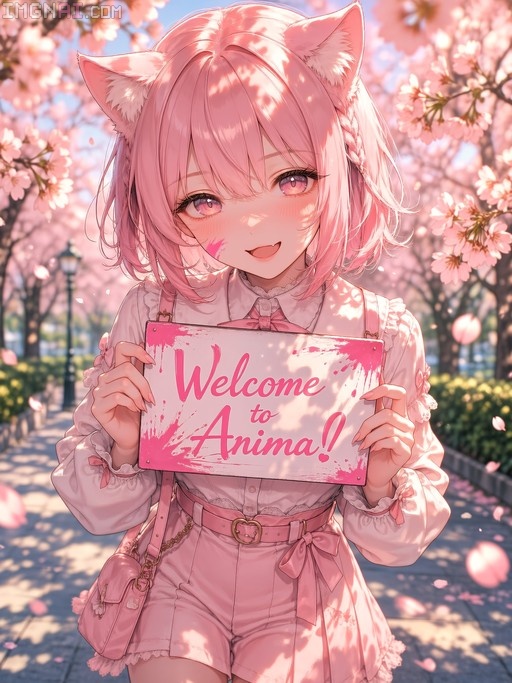 A pink-haired anime catgirl with a paint smudge on her cheek holds a sign reading "Welcome to Anima!" while standing in a park with cherry blossoms.
