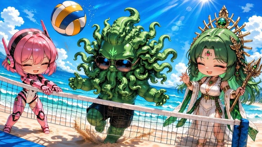 A chibi pink-haired girl in a mech suit and a green-haired goddess stand on either side of a net with a large green tentacled monster wearing sunglasses as they play beach volleyball under a blue sky.