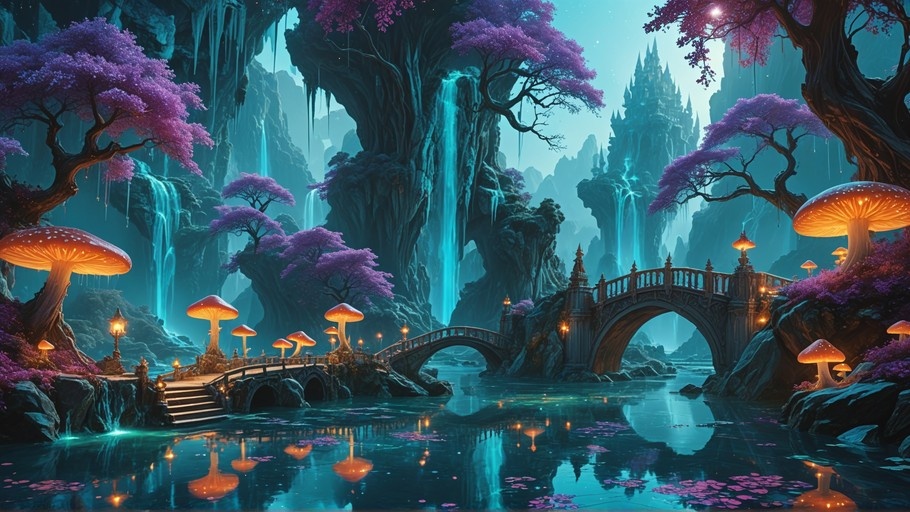 A fantasy illustration of a stone bridge over water with large glowing orange mushrooms and purple trees under a twilight sky.