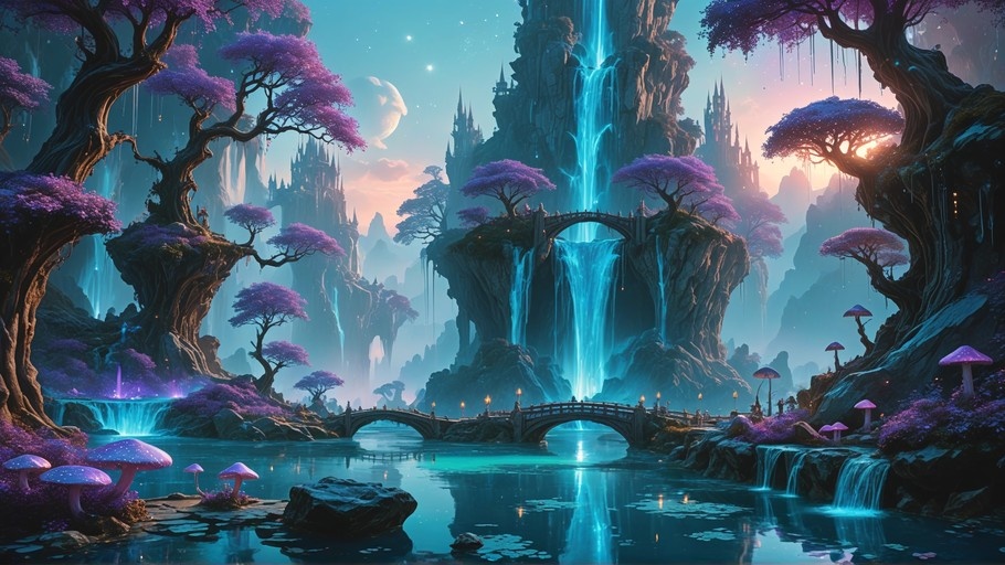 A fantasy landscape with floating islands covered in purple trees and large glowing mushrooms, connected by bridges over a lake with blue waterfalls cascading down to a distant castle under a starry moonlit sky.