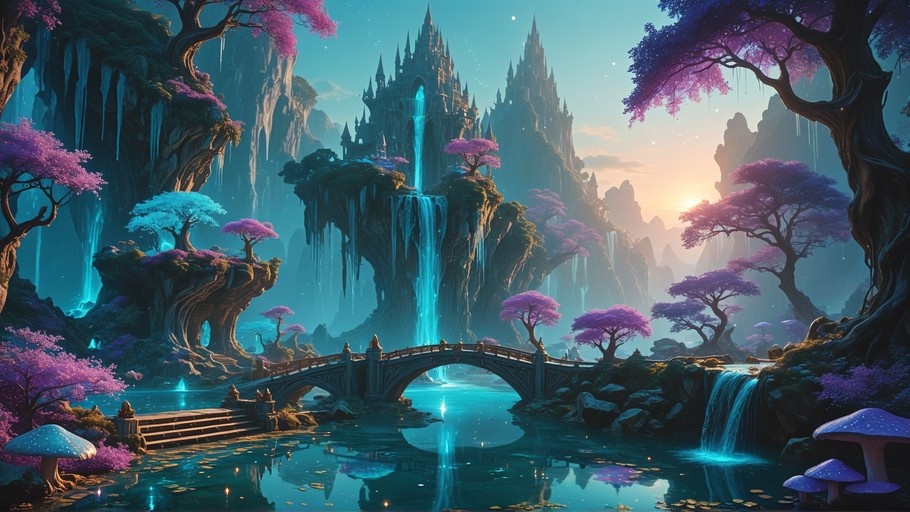 A fantasy illustration of a castle on a cliff with waterfalls, a stone bridge over a river, and purple trees.
