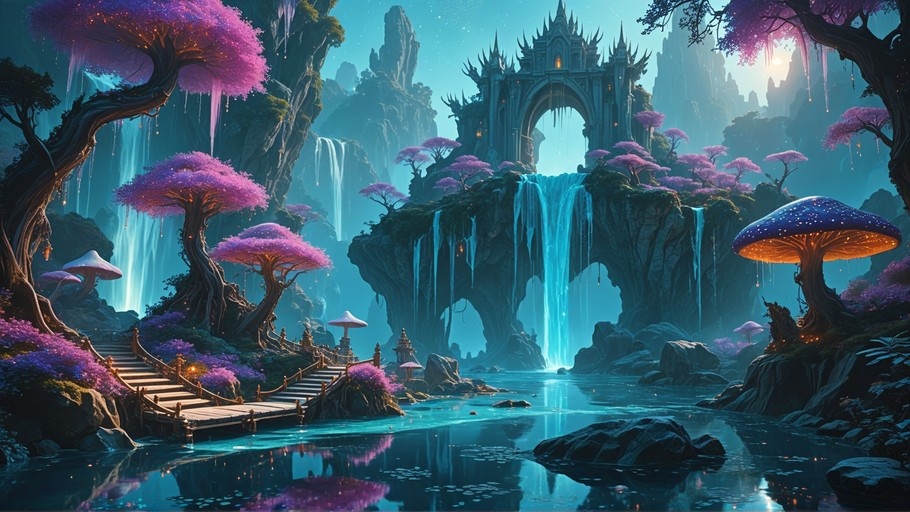 A fantasy landscape with a glowing blue waterfall, purple trees, giant mushrooms, and a stone bridge over calm water reflecting the scenery.