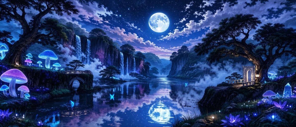 A magical fantasy landscape at night featuring a large full moon reflecting in a river, surrounded by glowing blue and purple mushrooms, a stone bridge, and a distant waterfall under a starry sky.