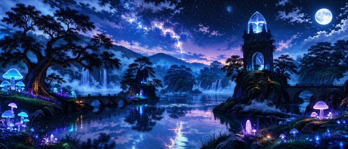A fantasy landscape at night with a full moon and starry sky reflecting on a river, featuring glowing blue mushrooms, stone bridges, and a tower ruin.