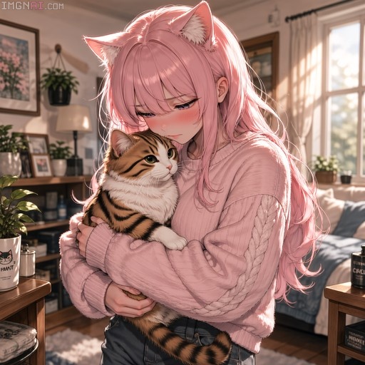 Anime-style illustration of a pink-haired girl with cat ears hugging a calico cat in a sunlit bedroom.