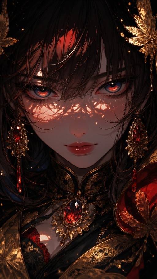 Close-up portrait of a young woman with heterochromatic blue and red eyes wearing ornate gold earrings with red gemstones under dappled sunlight.