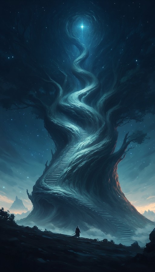A cloaked figure stands at the base of a massive ancient tree with a glowing spiral staircase winding up to a bright star in the night sky.