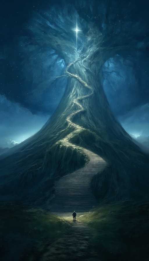 A lone figure stands at the base of a long staircase leading up a massive tree under a starry night sky illuminated by a bright star.