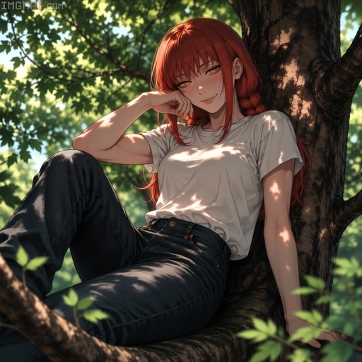 Makima from Chainsaw Man sitting on a tree branch in a white t-shirt and black pants, smiling with red hair braided over her shoulder.