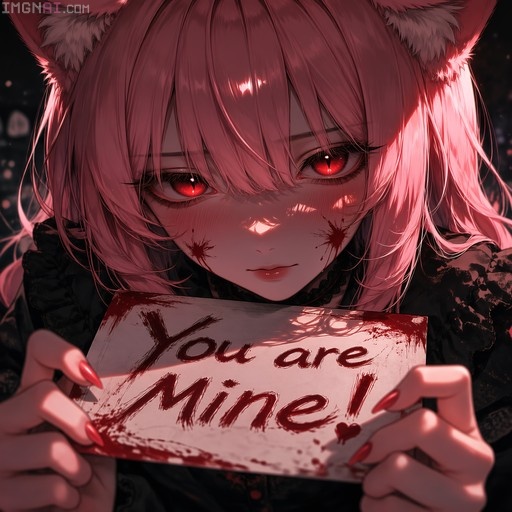 Close-up of a pink-haired anime girl with cat ears and red slit eyes holding a sign that reads 'You are Mine!' in blood-red text.