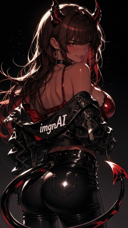 An anime-style demon girl with long brown hair and black horns looks over her shoulder. She wears a shiny black jacket draped off her shoulders, revealing a red bra and bare back, along with tight black pants.