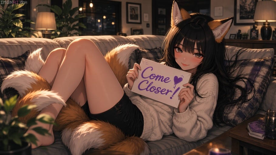 Anime-style fox girl with long black hair and multiple fluffy tails lying on a couch, holding a sign that reads 'Come Closer!'