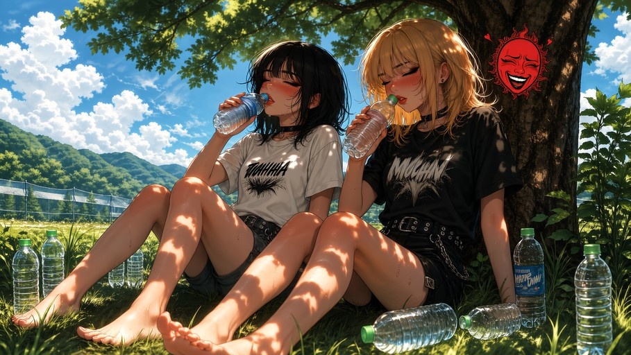 Two barefoot anime girls with black and blonde hair sit on grass under a tree, drinking from plastic water bottles on a sunny day.