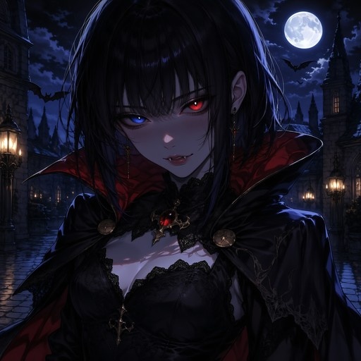 Anime vampire girl with heterochromia and fangs wearing a black cape under a full moon with bats flying.