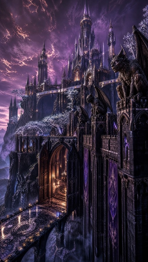 A dark fantasy castle with tall gothic spires and stone gargoyles perched on the walls, set against a dramatic purple cloudy sky.